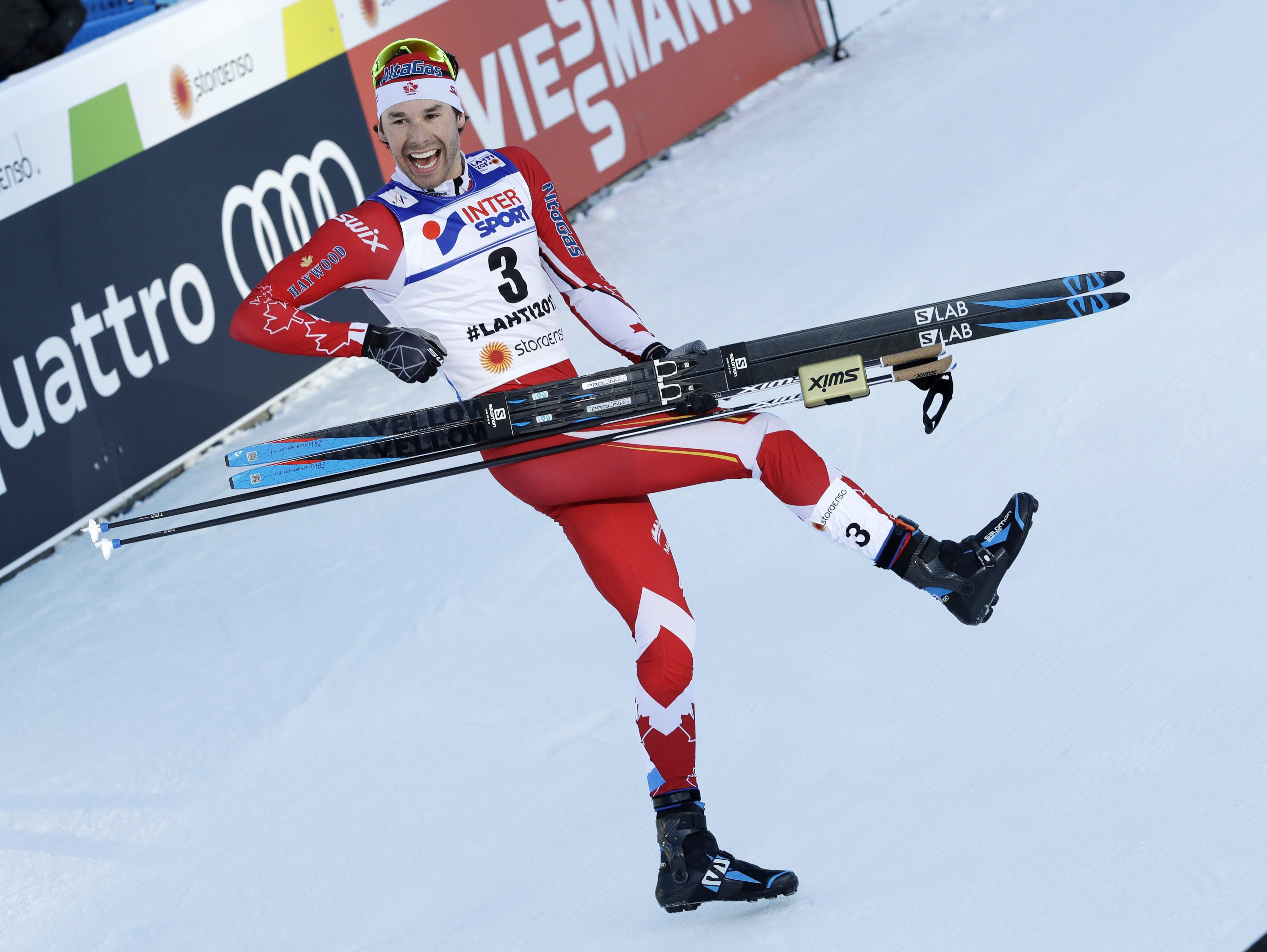 Canada's Alex Harvey celebrates after winning the men's 50 km race during the 2017 Nordic Skiing World Championships in Lahti, Finland, Sunday, March 5, 2017. (AP Photo/Matthias Schrader)