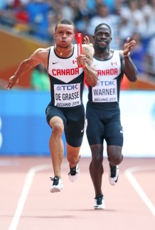 Day Eight - AM Justyn Warner and Andre De Grasse in the 4x100m relay at the 2015 IAAF World Championships Photo: Claus Andersen