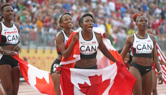 Day Five Crystal Emmanuel, Kimberly Hyacinthe, Jellisa Westney and Khamica Bingham win bronze in the 4x100m relay at the 2015 Pan Am Games in Toronto Photo: Claus Andersen