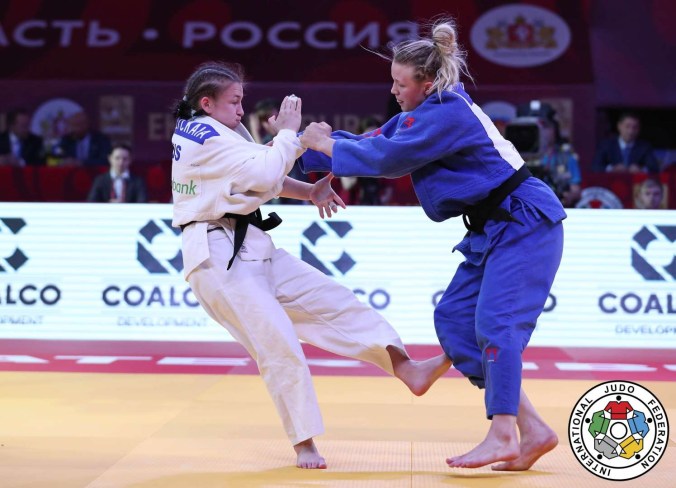 Jessica Kilmkait Jessica Kilmkait (right) fights for her first IJF Grand Slam medal - a bronze - in Ekaterinburg, Russia on May 20, 2017 (Photo: IJF).