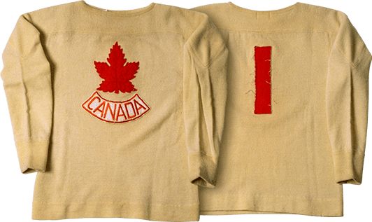 Two 1924 Canadian Olympic hockey jerseys laid flat 