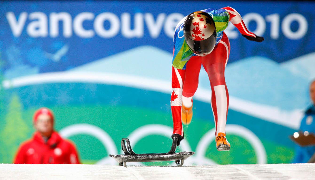 Team Canada - Michelle Kelly starts her run during the women's skeleton competition at the 2010 Vancouver Olympic Winter Games