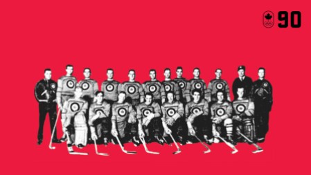 100-countdown-90-hor1 A team of servicemen came together to win hockey gold for Canada at the first Olympic Games after World War II. The last man added to the RCAF Flyers was goalie Murray Dowey. At St. Moritz 1948 he posted an Olympic record 0.62 GAA while stunning the European teams with his innovative use of a trapper glove. BE COURAGEOUS