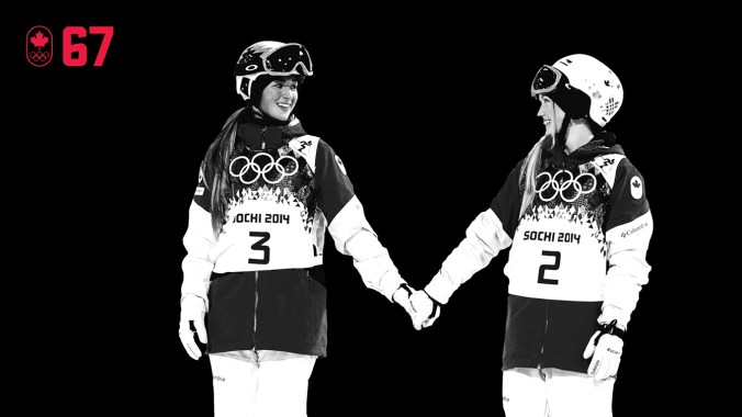 100 COUNTDOWN 67 HOR They’re competitors who are also each other’s biggest supporters. At Sochi 2014, Justine, Chloé, and Maxime Dufour-Lapointe were just the third sibling trio to compete in the same individual Winter Olympic event. After Justine and Chloé won moguls gold and silver, they held hands in a moment of sisterly love before stepping on the podium. BE UNITED