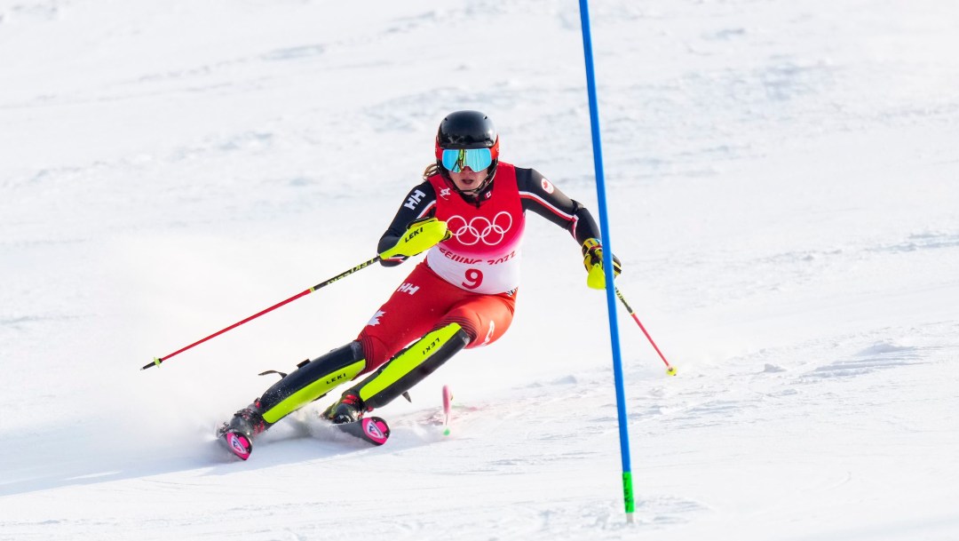 Laurence St-Germain skis past a gate in a slalom race