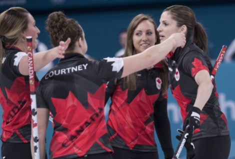 Emma Miskew Joanne Courtney Rachel Homan Lisa Weagle SUNDAY OLYMPIC REPEATS Canada's Emma Miskew, Joanne Courtney, skip Rachel Homan and Lisa Weagle, left to right, celebrate their victory over Switzerland in preliminary round in women's curling at the Pyeongchang 2018 Olympic Winter Games in Gangneung, South Korea, on Sunday, February 18, 2018. THE CANADIAN PRESS/Paul Chiasson