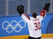 Ben Scrivens (30), of Canada, celebrates after the men's bronze medal hockey game against the Czech Republic at the 2018 Winter Olympics in Gangneung, South Korea, Saturday, Feb. 24, 2018. Canada won 6-4. (AP Photo/Julio Cortez)