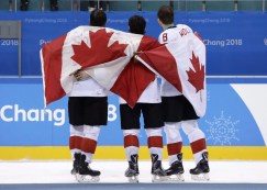 SATURDAY OLYMPIC REPEATS Canada hockey team celebrate with their bronze medals after beating the Czech Republic in the men's bronze medal hockey game at the 2018 Winter Olympics in Gangneung, South Korea, Saturday, Feb. 24, 2018. (AP Photo/Matt Slocum)