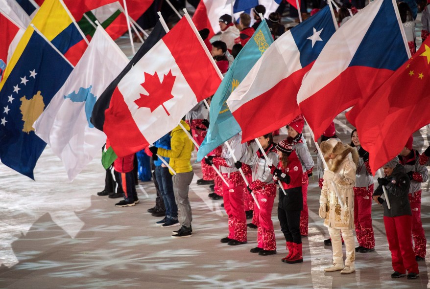 Canadian flag at the Olympic stadium during the closing ceremonies at the 2018 Pyeongchang Olympic Winter Games in Pyeongchang, South Korea, on Sunday, February 25, 2018. THE CANADIAN PRESS/Nathan Denette