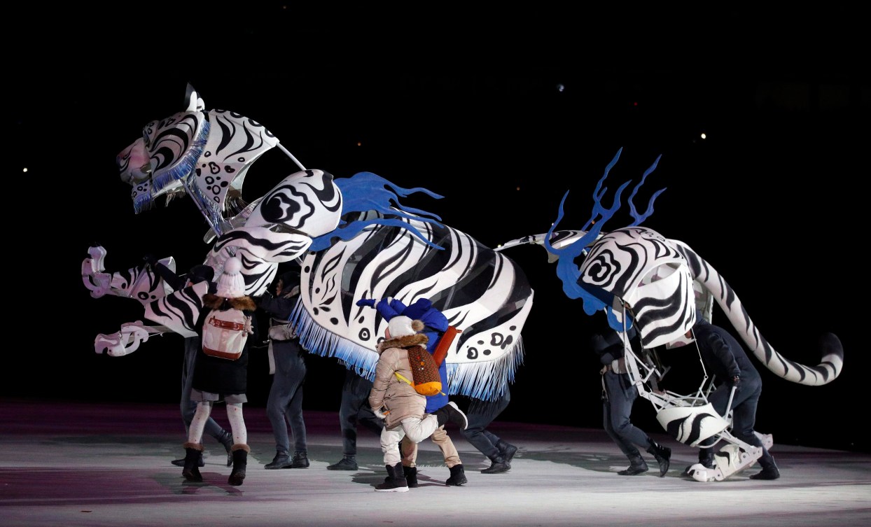 A white tiger character at the 2018 Olympic Opening Ceremony