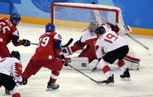 _JR_7105 Pavel Francouz of the Czech Republic makes a save on a shot by Andrew Ebbett of Canada in the Men's Bronze Medal hockey game at the Gangneung Hockey Centre during the PyeongChang 2018 Olympic Winter Games in PyeongChang, South Korea on February 24, 2018. (Photo by Vaughn Ridley/COC)