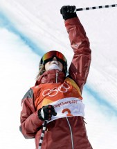 Cassie Sharpe reacts after one of her runs during the Olympic women's ski halfpipe final on February 20, 2018.