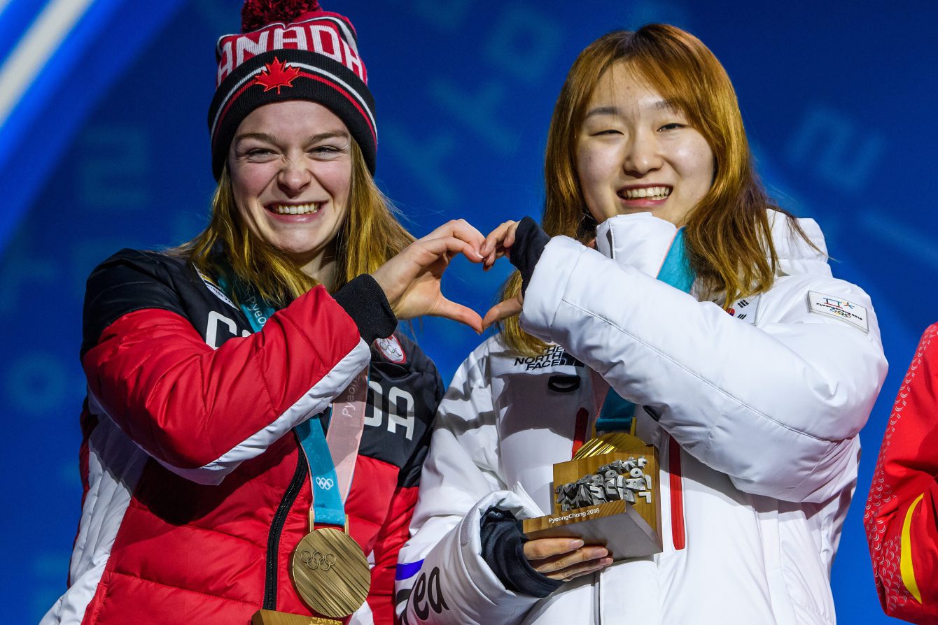 Kim Boutin of Canada receives the bronze medal for finishing in 3rd position in the Short Track Speed Skating Women's 1500m final at the PyeongChang Olympic Plaza during the PyeonChang Olympic Winter Games in PyeongChang, South Korea on February 18, 2018. (Photo by Vincent Ethier/COC)