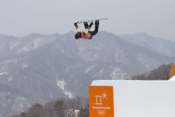 Team Canada's Max Parrot in qualifying rounds for the Mens Snowboard Slopestyle at Phoenix Snow Park, PyeongChang, South Korea. Photo COC/David Jackson