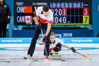 GANGNEUNG, SOUTH KOREA - FEBRUARY 09: Team Canadaís Mixed Double Curling athletes Kaitlyn Lawes and John Morris compete against China in round robin action at the Gangneung Curling Centre, on February 9, 2018 in Gangneung, South Korea. (Photo by Vincent Ethier/COC)