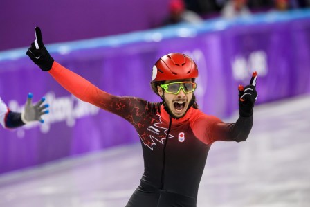 Samuel Girard Win gold during the Short Track Speed Skating Men's 1000m of the PyeongChang 2018 Winter Olympic Games at Gangneung Ice Arena on February 17, 2018 in Gangneung, South Korea (Photo by Vincent Ethier/COC)