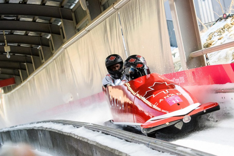 PYEONGCHANG, SOUTH KOREA - FEBRUARY 25: Christopher Spring, Lascelles Brown, Bryan Barnett and Neville Wright compete in the Bobsleigh 4 man at the 2018 Pyeongchang Winter Olympics Olympic Sliding Centre in Alpensia in Pyeongchang in South Korea. February 25, 2018(Photo by Vincent Ethier/COC)