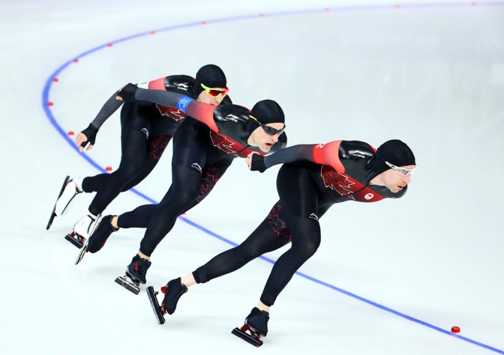 VR_20180217_TEAMCANADA_CB6P3640 Jordan Belchos, Denny Morrison and Ted-Jan Bloemen of Canada compete in the Men's Team Pursuit Quarterfinals at the Gangneung Oval during the PyeongChang 2018 Olympic Winter Games in PyeongChang, South Korea on February 18, 2018. (Photo by Vaughn Ridley/COC)