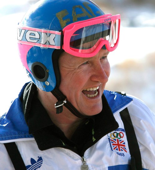 Edwards Former Olympic ski jumper Eddie "the Eagle" Edwards, from Britain, laughs after a ride from the 90 metre ski jump tower to commemorate the 20th anniversary start of the 1988 Olympics in Calgary, Alberta on Feb. 13, 2007. (THE CANADIAN PRESS/Larry MacDougal)