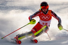 Erin Mielzynski, of Team Canada, skis during the first run of the women's slalom at the 2018 Winter Olympics in Pyeongchang, South Korea