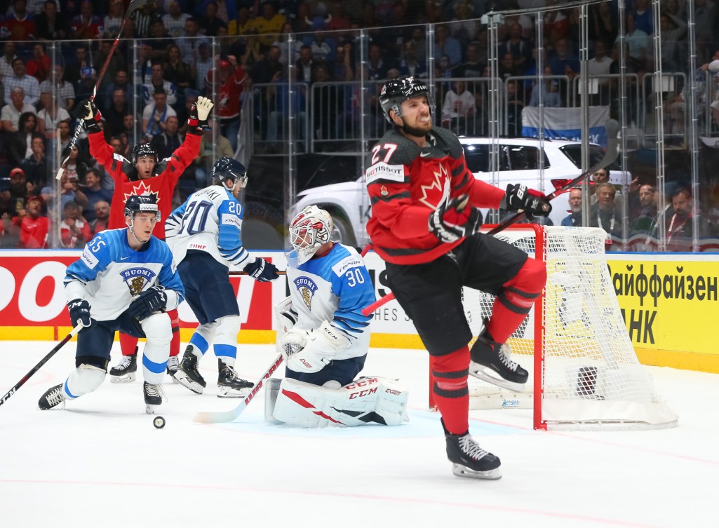 Shea Theodore celebrates goal