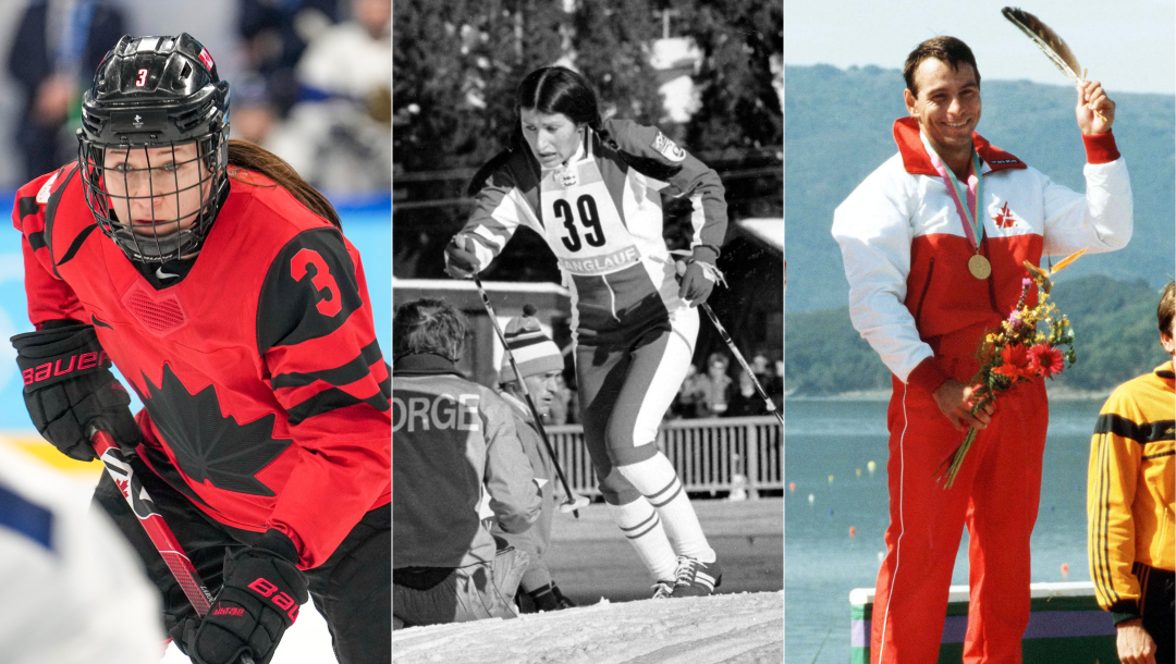 Three way split screen image of hockey player Locelyne Larocque, cross country skier Sharon Firth, and canoeist Alwyn Morris who holds an eagle feather on the Olympic podium.