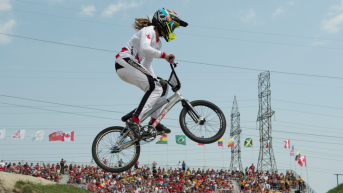 BMX athlete on bike in midair