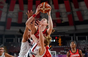 Ruth Hamblin of Canada shoots the ball against Paraguay during women's basketball at the Lima 2019 Pan American Games on August 07, 2019.