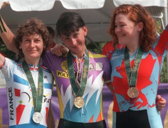Clara Hughes Atlanta 1996 Podium Olympic individual cycling time trials medalists pose with their medals