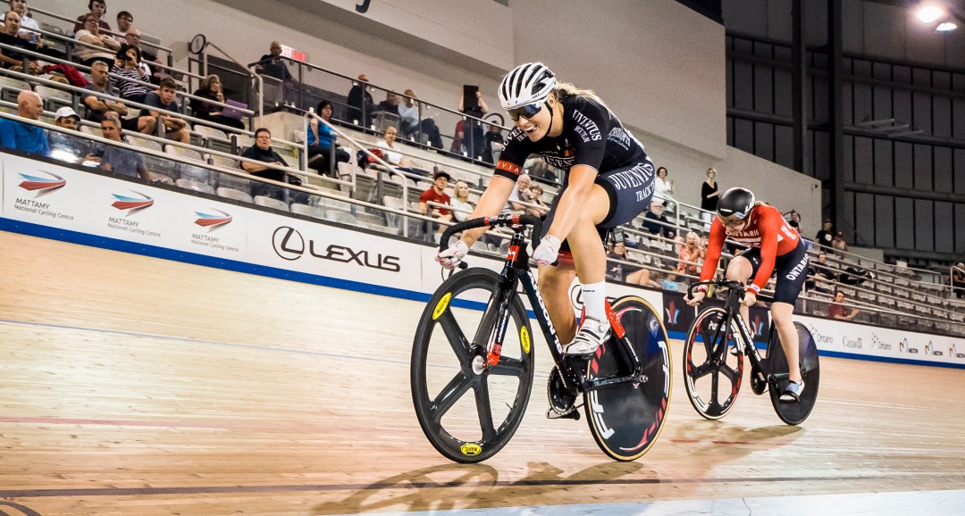 Kelsey Mitchell competes for the women's sprint title at the 2018 Canadian Track Championships