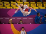 Brooklyn Moors of Canada competes in artistic gymnastics