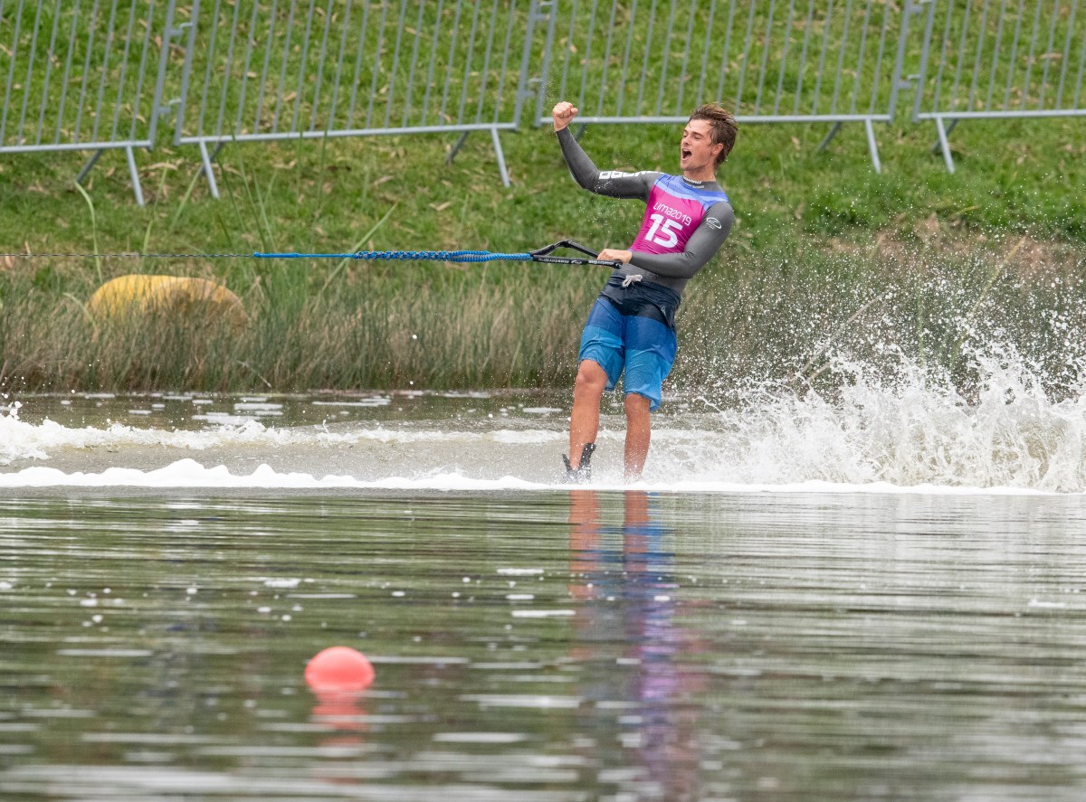 waterskier celebrates