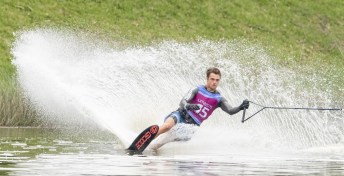Dorien Llewellyn of Canada competes in the men's slalom waterski