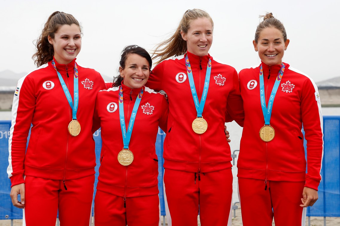 (L-R) Anna Negulic, Adréanne Langlois, Alexa Kaien Irvin e Allana Braylougheed from Canada, won the gold medal in the K4 500M at Lima 2019.