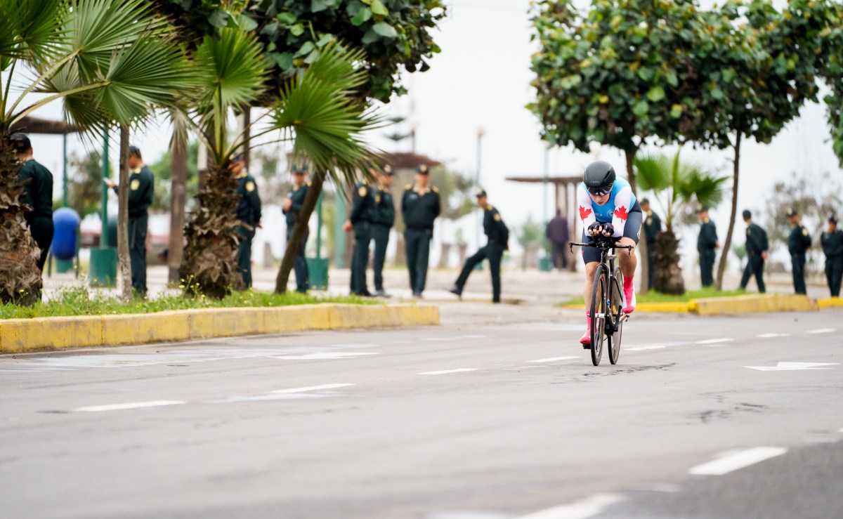 Laurie Jussaume on bike during a race