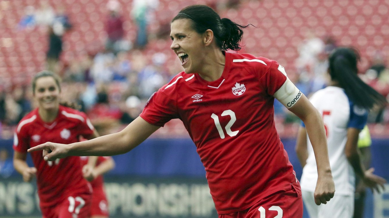 Christine Sinclair celebrating