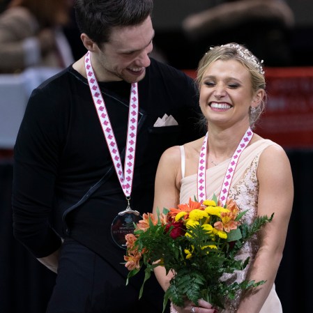 Kirsten Moore-Towers Michael Marinaro Kirsten Moore-Towers and Michael Marinaro share a laugh during victory ceremonies