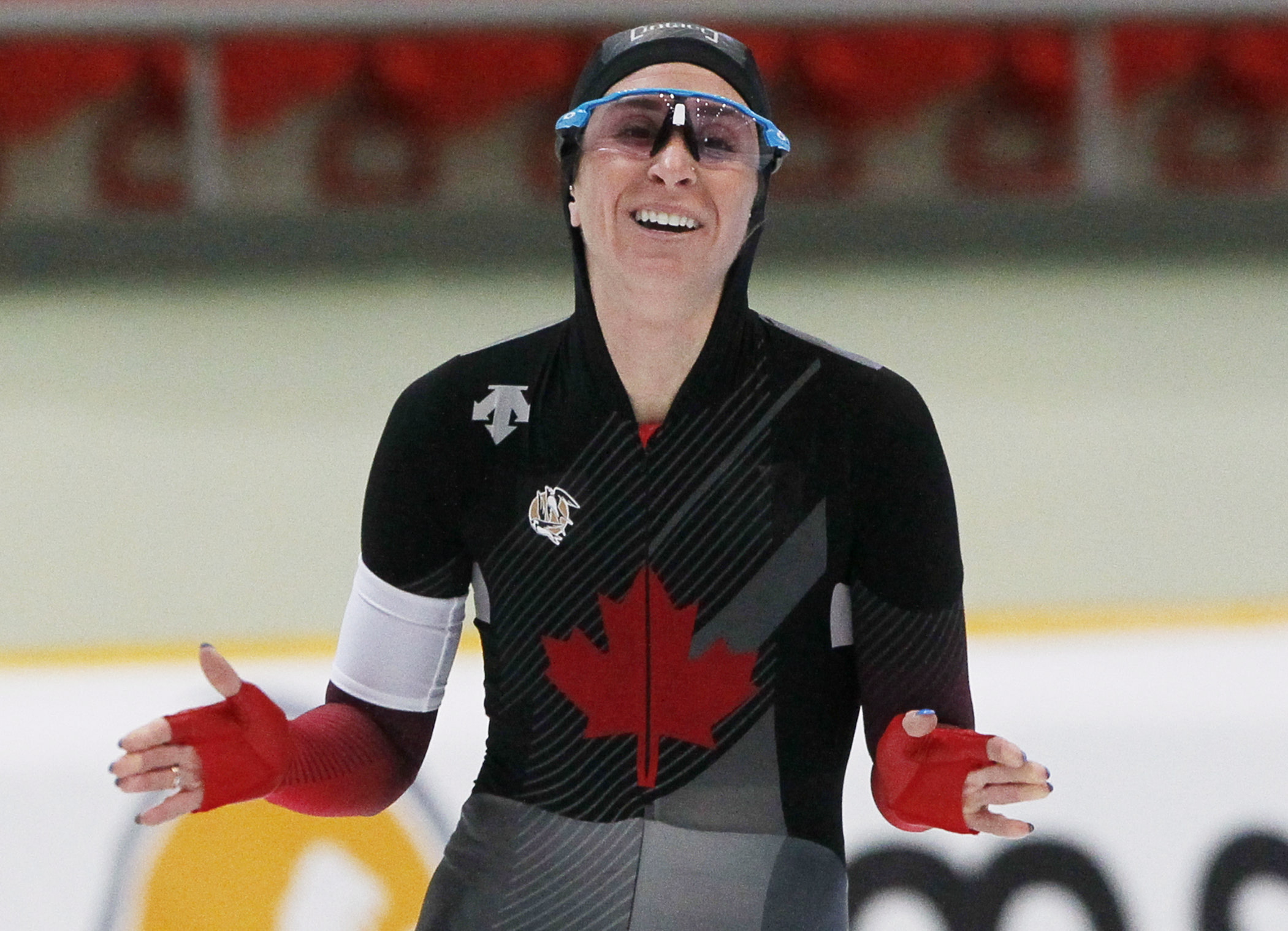 Ivanie Blondin of Canada reacts after the ladies 5000 meters race of the speed skating World Cup at the Alau Ice Palace in Nur-Sultan, Kazakhstan, Friday, Dec. 6, 2019. (AP Photo/Stas Filippov)