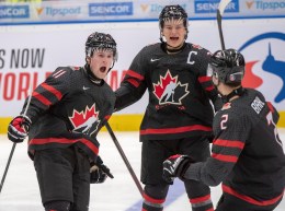 Canada's Alexis Lafreniere, left, celebrates his goal with teammates Barrett Hayton and Kevin Bahl (2) during first period semifinal action against Finland at the World Junior Hockey Championships on Saturday, January 4, 2020 in Ostrava, Czech Republic. THE CANADIAN PRESS/Ryan Remiorz