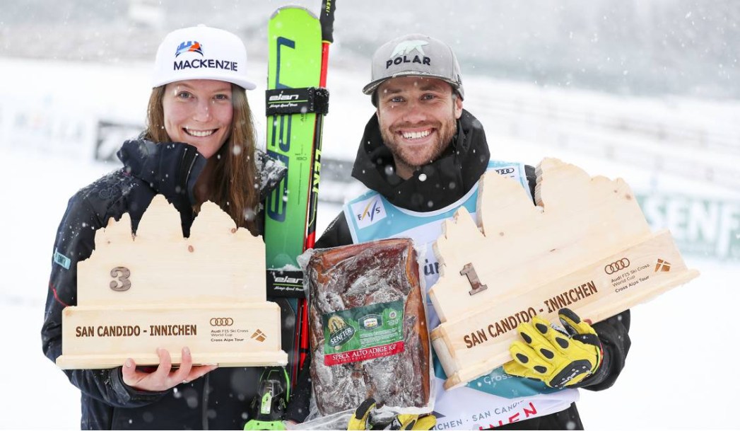 Kevin Drury and Brittany Phelan land on the podium despite weather cancellations at Ski Cross World Cup in Italy. December 20, 2019. Photo: GEPA
