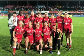 Team Canada Women's 7's celebrate a silver medal performance at Dubai 7's
