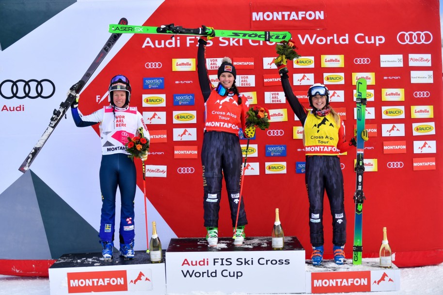 (L-R) Courtney Hoffos, Marielle Thompson, and Sandra Naeslund on the ski cross podium.