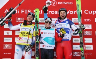 Podium for men's ski cross at Val Thorens, France. Canada's Kevin Drury is centre.