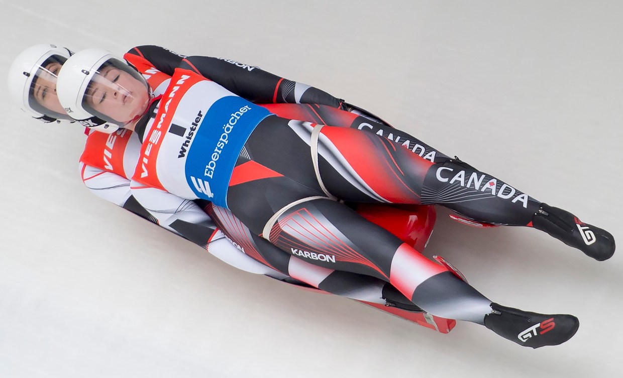 Caitlin Nash and Natalie Corless slide down the track at Whistler.