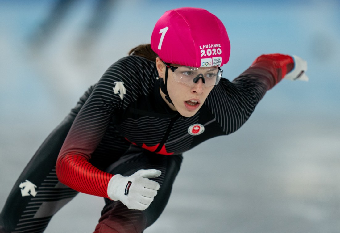 Close up of Florence Brunelle in a short track race 