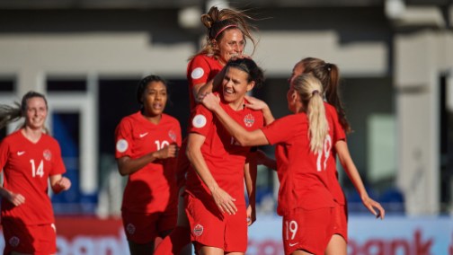 Team Canada Concacaf women's soccer Canada celebrates after scoring a goal