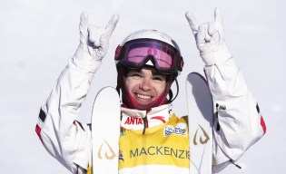 Canada's Mikael Kingsbury celebrates his victory