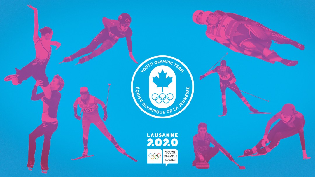 A 'meet the team' graphic featuring eight athletes around the Team Canada Youth Olympic Games logo and the Lausanne 2020 logo.