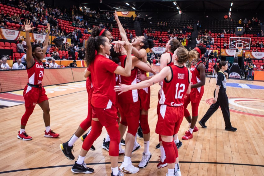 20200208 - Canada vs Sweden (Belgium OQT) 28 Team Canada basketball players celebrates their win at the FIBA Women's Olympic Qualifying Tournament