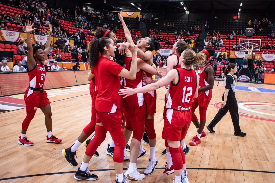 Team Canada basketball players celebrates their win at the FIBA Women's Olympic Qualifying Tournament